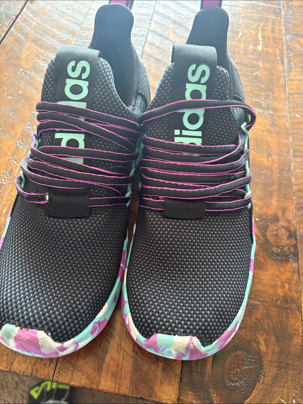 adidas Kids Black Sneakers with Mint and Purple Accents